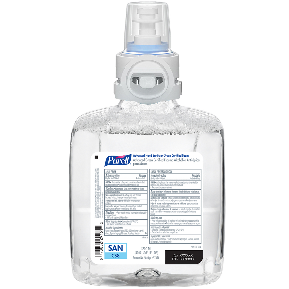 A clear plastic hand sanitizer refill bottle with a pump dispenser and detailed product label on the front. PURELL® CS8 Green-Certified Advanced Hand Sanitizer Foam Refill (1200 ml., 2/Case)
